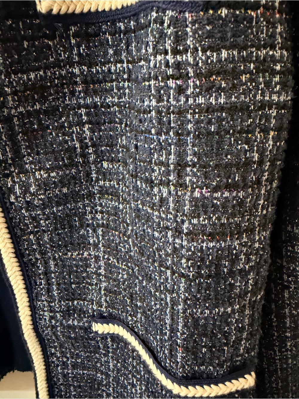 Nanette Lepore Navy Tweed Collarless Jacket with Cream Trim - Picture 4 of 4